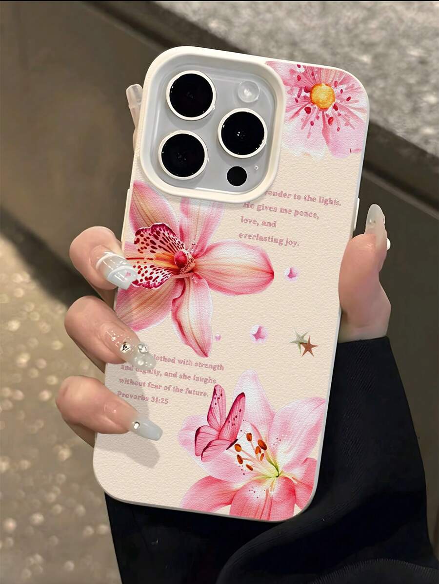 1pc Pink Lily Flower Pattern Full Coverage TPU Shockproof Phone Case Compatible With Apple 17, 16, 15, 14, 13, 12, 11 Pro Max And Series - Multicolor - View 1