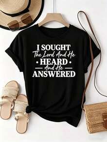 Printed With The Text Pattern "I Sought The Lord, And He Heard And Answered Me". Women's Casual Everyday Crew Neck Short-Sleeve Fashion Sports T-Shirt With Printed Patterns And Comfortable To Wear; Women's Black Short-Sleeve Top - 黑色 - 查看 11