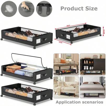 2 Pack Under Bed Storage Organizer With Wheels Large Capacity Dustproof Storage Box With Clear Lid Rolling Organizer Bin For Clothes Shoes Books Black