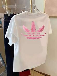Short-Sleeve T-Shirt With Front And Back Print - Clover, Pink Feather Fashion Print - Women's Spring/Summer  Print T-Shirt, Fashion Item, Suitable For Weekend Dates, Gatherings, And Travel. 2026 New Arrivals - White - View 3