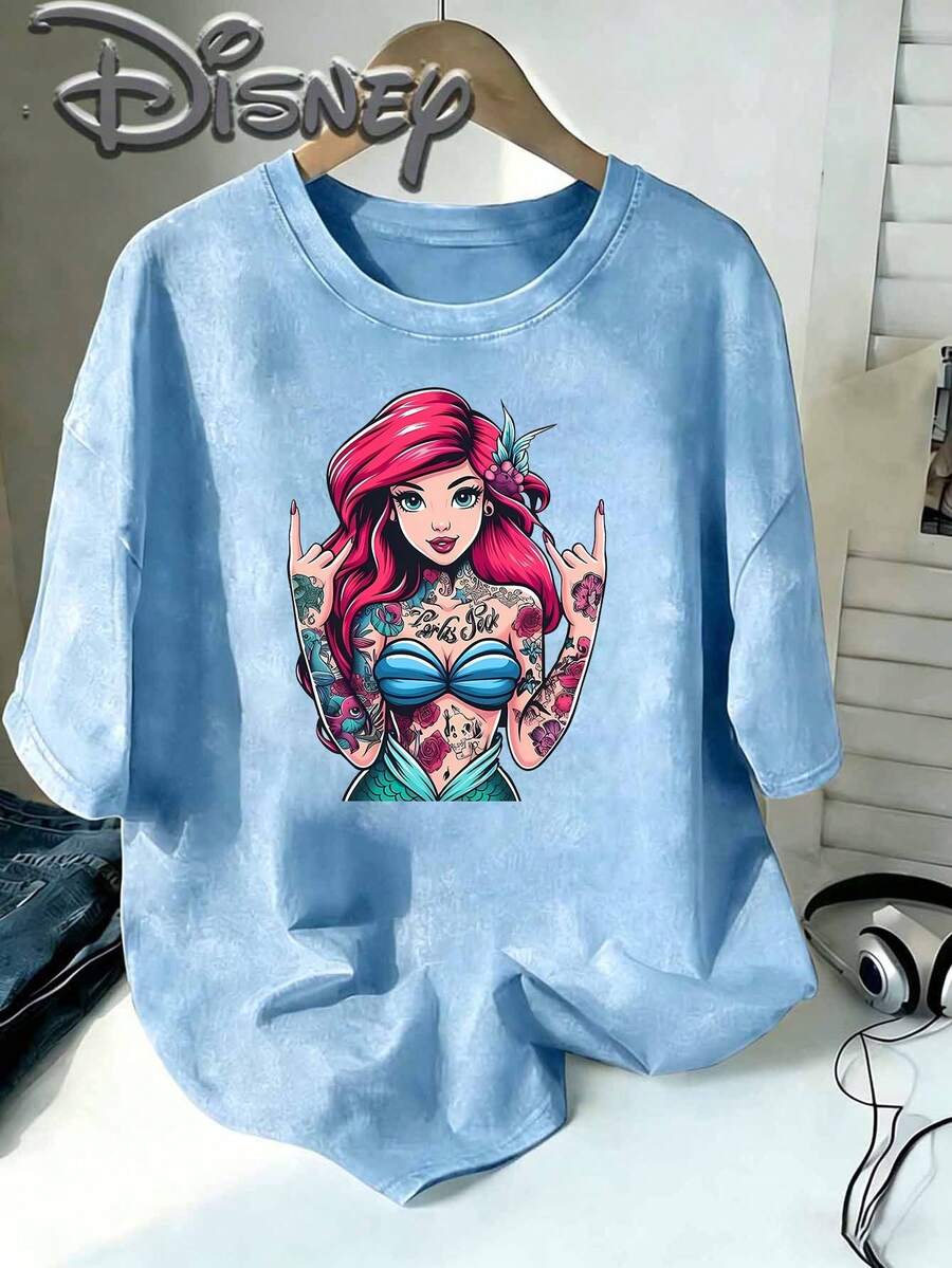 Classic Disney Authorized Ariel Double-Sided Printed Flower Washed Vintage T-Shirts, Punk Style Short-Sleeved Round Neck Casual Shirts, Suitable For Summer And Spring, Short-Sleeved Shirts, Women's Wear, Mother's Day Gifts. Classic Authorized Ariel Double-Sided Printed T-Shirt, Punk Style Short-Sleeved Round Neck Casual Shirt, Suitable For Summer And Spring, Short-Sleeved Shirt, Women's Wear, Mother's Day Gift. - Baby Blue - View 1