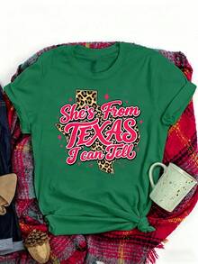 She's From Texas I Can Tell Retro Vintage Texas Girl T-Shirt,Women Summer Casual Graphic T-Shirt - 綠色 - 查看 1