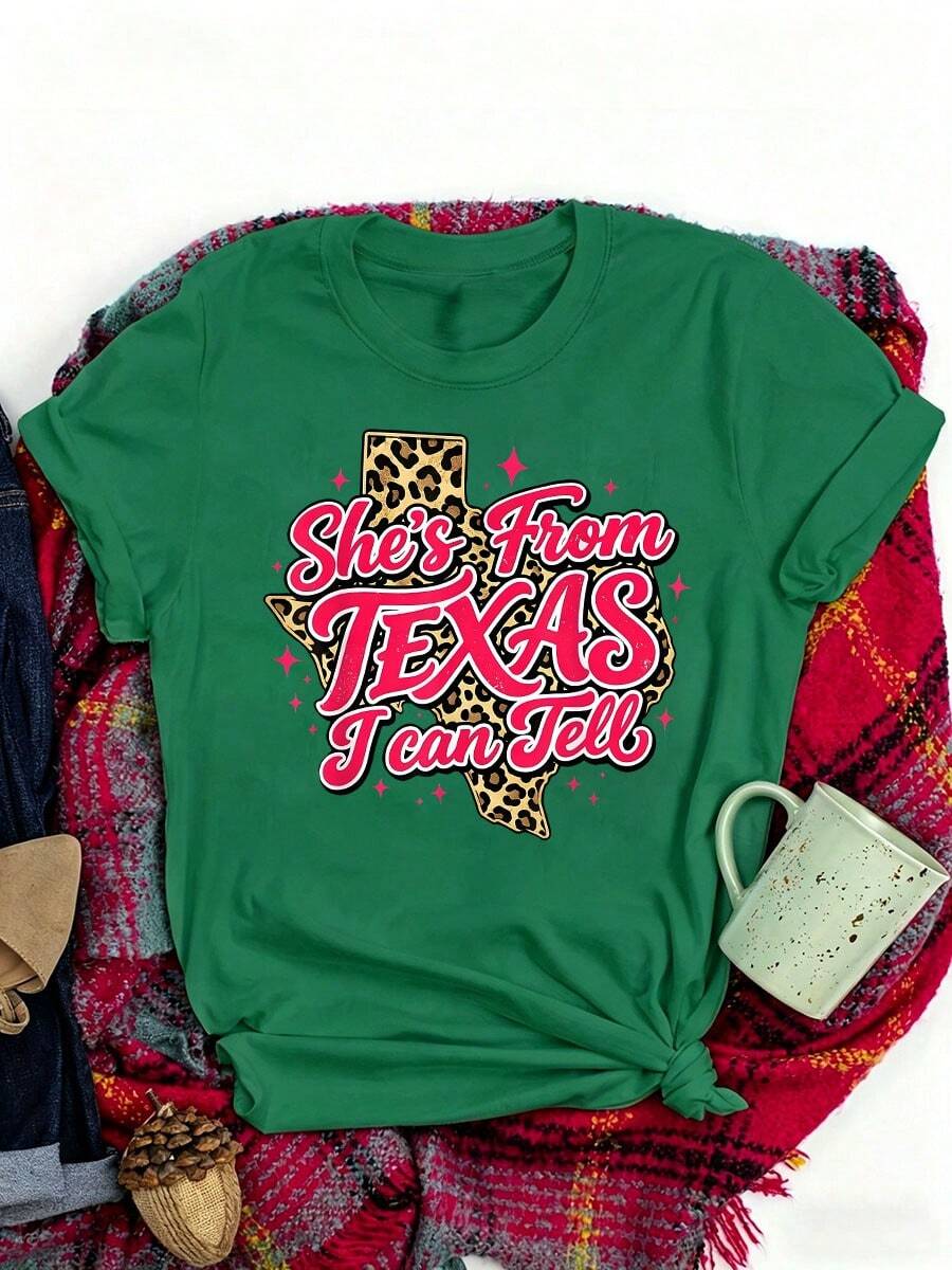 She's From Texas I Can Tell Retro Vintage Texas Girl T-Shirt,Women Summer Casual Graphic T-Shirt - 綠色 - 查看 1