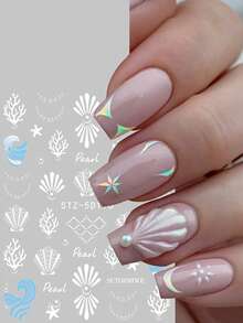 2 Pcs 5D Embossed Ocean Coral Seashell Nail Art Stickers With Jewelry Simple Style Starfish Water Wave Self-Adhesive Decals For Nails Elegant Summer Sea Creature Nail Decoration - Multicolor - View 6