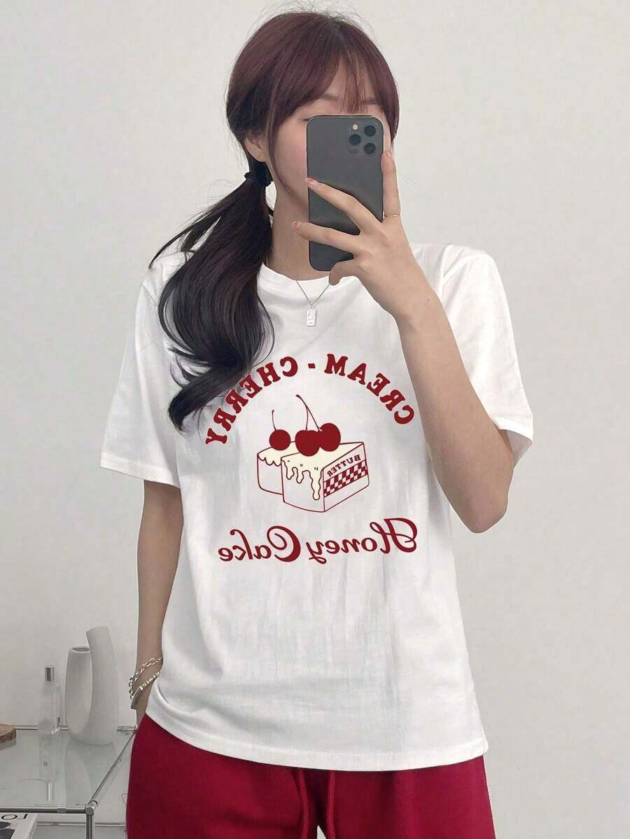 Women's Casual Summer T-Shirt With Letter And Cherry Print, Round Neck, Short Sleeve, CREAMCHERRY Honey Cake, Cute Tops, Graphic Summer T-Shirts - 白色 - 查看 1