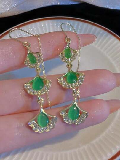 1 Pair Of Elegant Design Ginkgo Tassel Earrings,Long Style Spring And Summer Earrings
