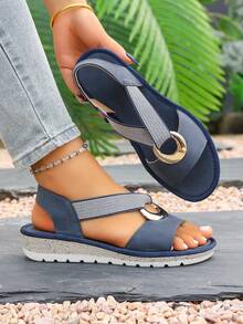 Sandal wedges wanita model liburan musim panas, model terbuka di bagian depan, bertali pergelangan kaki, dengan hiasan cincin logam dan sol tebal, cocok untuk pantai, liburan, dan pemakaian sehari-hari. - Biru - View 4