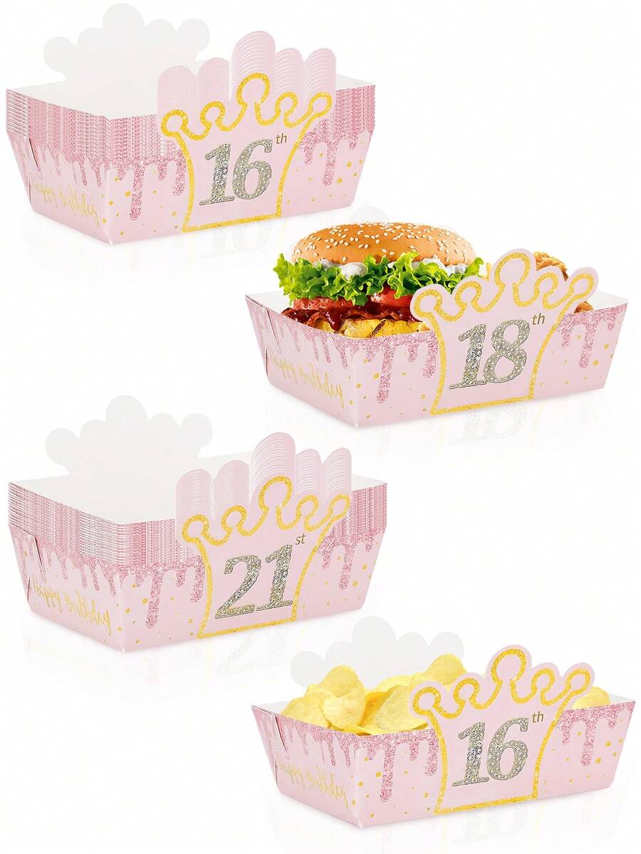 10個/30個/60個 Sweet 16 生日派對紙製零食托盤,16歲生日粉金色亮片皇冠洋芋片爆米花點心盒紙製糖果容器,4.7x3.1x1.5 英吋 Happy Birthday 派對主題派對用品,16歲生日裝飾 - 多色 - 查看 1