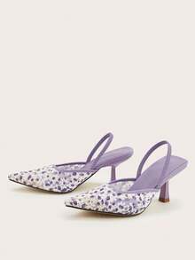 Tacones de aguja con estampado floral de malla y correa de tobillo, adecuados para bodas y fiestas - Lila Púrpura - Ver 3