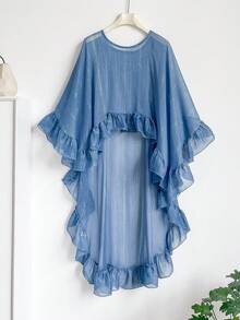 1 pieza Diseño minimalista de unicolor Chal de cuello redondo con volantes de hilo plateado, chal ligero y versátil de gasa asimétrico de moda para mujer, multifuncional para protección solar de verano, accesorios, vacaciones - Azul - Ver 7