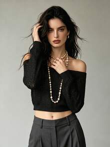 Phong cách Y2K, Áo croptop dệt kim trễ vai cá tính, Áo len dài tay croptop khoét rỗng đẹp mắt & Trang phục đi chơi - màu đen - Xem 5