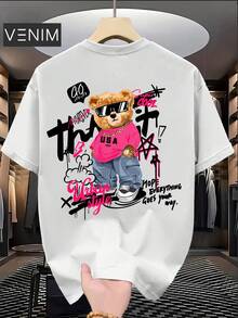 Summer TopsStylish T-Shirt Featuring An Adorable Bear Design, Relaxed Fit With Short Sleeves, Perfect For Everyday Wear, Door Activities, And Shopping Events, Made From SoftLoose And ComfortableSummer Clothes - 白色 - 查看 1