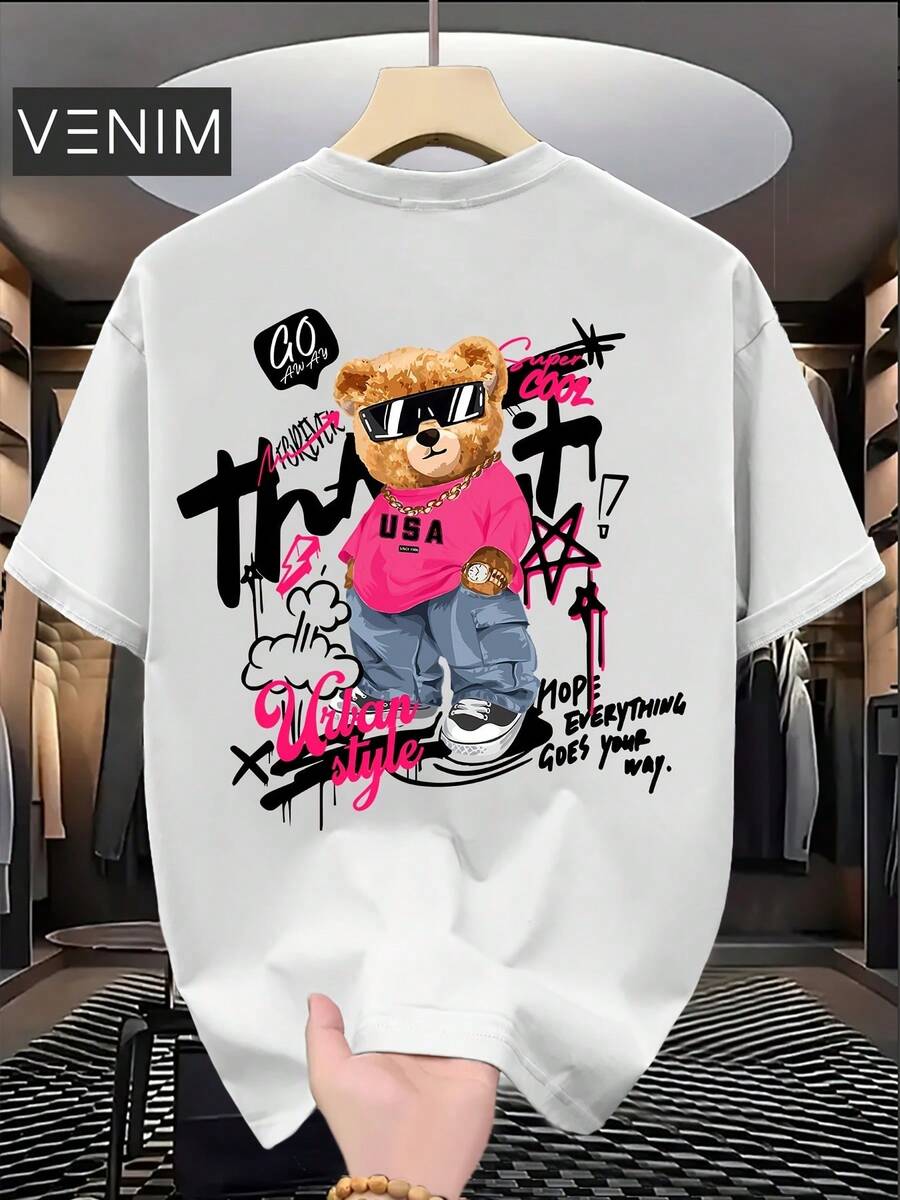 Summer TopsStylish T-Shirt Featuring An Adorable Bear Design, Relaxed Fit With Short Sleeves, Perfect For Everyday Wear, Door Activities, And Shopping Events, Made From SoftLoose And ComfortableSummer Clothes - 白色 - 查看 1