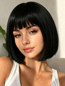 Peluca básica negra de 12 pulgadas con flequillo, cabello sintético resistente al calor, peluca versátil de uso diario para damas - Negro - Ver 2