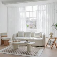 1片白色极简法式风格薄纱窗帘，饰有3D蓬松球，用途广泛，适用于阳台、客厅、卧室装饰，四季皆宜（不含窗帘杆） - 白色 - 查看 7