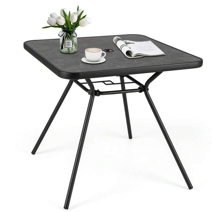 GOFLAME Outdoor Square Patio Table 80cm, Heavy-Duty Metal Bistro Table With Umbrella Hole & Lid, SPC Tabletop For Backyard, Porch, Poolside, Dining Room - Black - View 1
