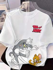 SHEIN X Tom & Jerry 女款寬鬆短袖T恤，卡通趣味互動印花圓領上衣，透氣青春感T恤，美式復古搞怪風格休閒白色 - 白色 - 查看 3
