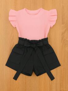 Children's And Teen Set: Cropped Blouse With Ruffles And Ribbed Detail + Linen Clochard Shorts. 2-Piece Set For Girls And Teenagers CJI033 - 黑色和淡粉紅色 - 查看 1