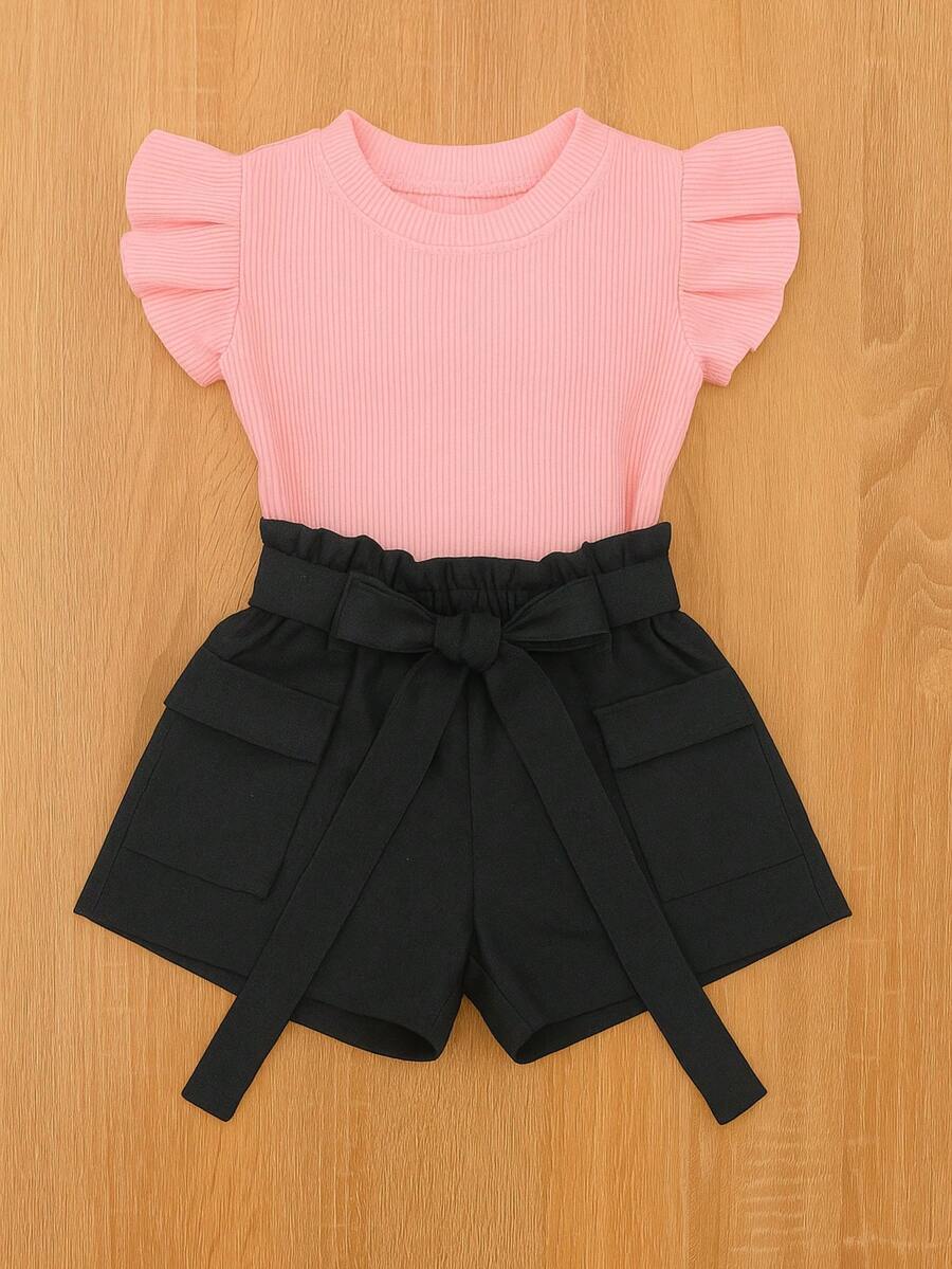 Children's And Teen Set: Cropped Blouse With Ruffles And Ribbed Detail + Linen Clochard Shorts. 2-Piece Set For Girls And Teenagers CJI033 - 黑色和淡粉紅色 - 查看 1