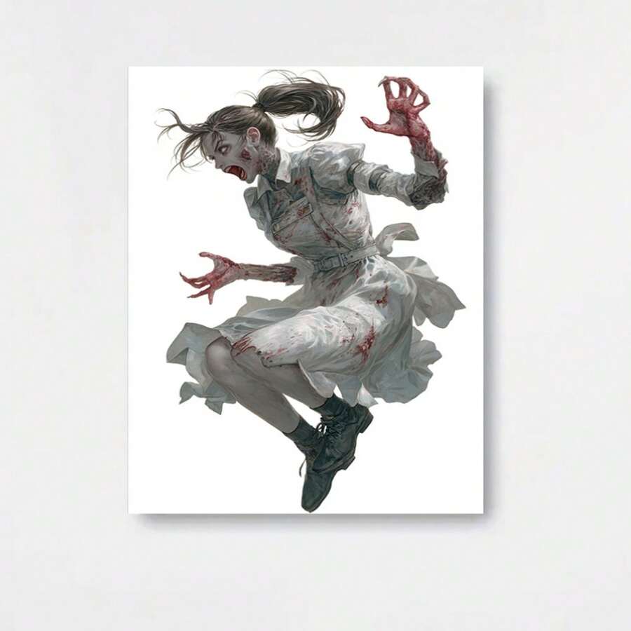 2D Plano, 2D Plano, 1 pieza, Sin Marco, 23.62X35.43 pulgadas, Con una Zombie Femenina en una Camisa Blanca y Falda con Pelo Largo Atado en una Cola de Caballo, Boca Abierta de Par en Par, Saltando Hacia el Vistazo del Espectador. Una Divertida Pintura en Lienzo para Decoración de Pared, Adecuada para Dormitorios en el Hogar - Enmarcado - Ver 1