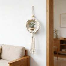 1pc Macrame Plant Hanger, Handwoven Boho Style Air Plant Bamboo Ring Decor Hanging Holder, Indoor Small Greenery Suspension Accessory - Excluding Plants And Flowers - Beige - View 10