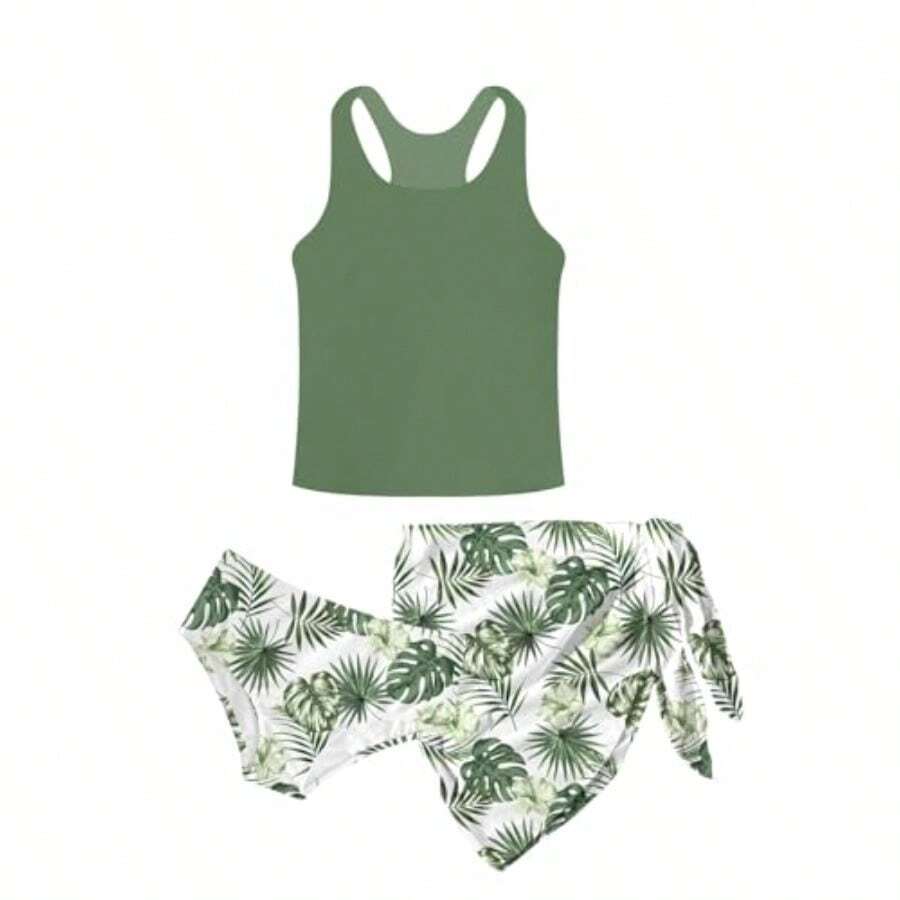 Lovekider 6-12 Years Girls 3 Piece Bathing Suit Quick Dry Swimsuit Tankini Set With Cover Up UPF 50+ Swimwear - 夏威夷棕櫚樹 - 查看 1