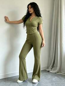 Conjunto casual de mujer de unicolor con top de manga corta minimalista y pantalones acampanados, ropa casual de negocios para mujer en otoño - Verde militar - Ver 3