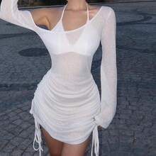 Minivestido liso con tirantes fruncidos y cuello oblicuo para mujer, minivestido transparente con cordones, ropa de fiesta para discoteca, verano 2025,  al por mayor - Blanco - Ver 2