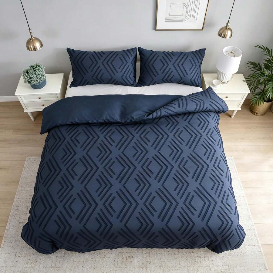 1 Set Copripiumino moderno e minimalista con motivo a righe ricamato (escluso piumino), blu navy, adatto per camera da letto, appartamento, dormitorio, tutte le stagioni - #12 Blu militare - Visualizzare 1