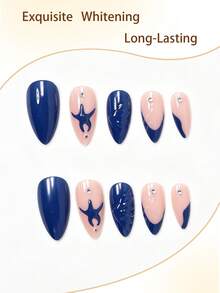 24pcs Blue Ocean Style Nail Stickers, Includes 3D Stereoscopic Starfish Pattern, Rhinestone Decor, Asymmetrical Blue Design, Suitable For Women And Girls, Comes With 1 Adhesive Sheet And 1 Mini Nail File, Random Delivery - Multicolor - View 3