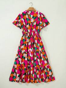 Acelitt Bohemian Style Rose Print Short Sleeve Low Waist Maxi Dress Vacation Elegant Summer - Multicolor - View 4