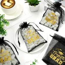 10/20pcs Transparent Organza Drawstring Bags, Black And Gold With Graduation Congratulations Text, Star And Diploma Pattern, Suitable For Party Favors, Graduation Party Supplies, Graduation Decorations, Graduation Gifts - Multicolor - View 5