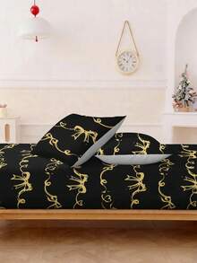 Bộ ga trải giường 2/3 món, chất liệu polyester chải mịn, họa tiết nơ và trái tim cổ điển, gồm 1 ga trải giường và 1/2 vỏ gối. - màu đen - Xem 4