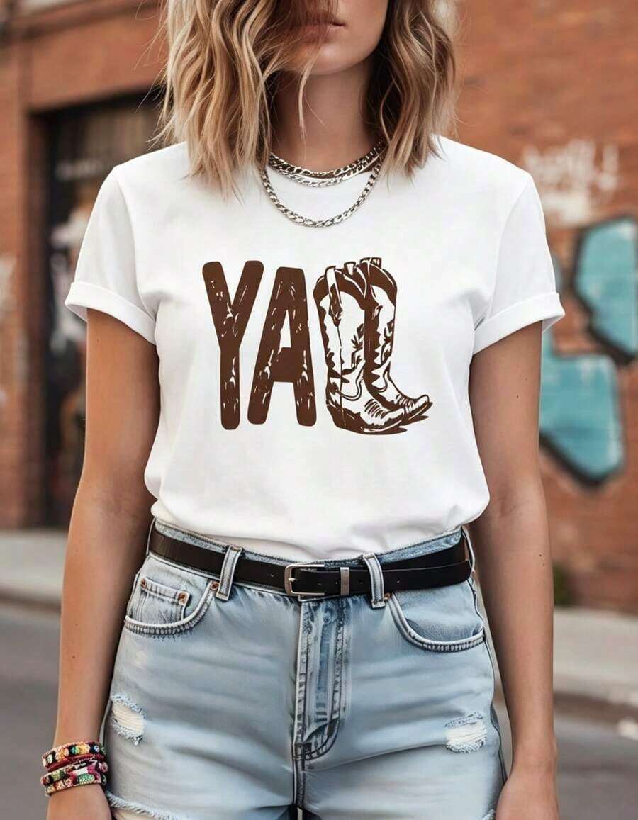 Tricou Yall 100% bumbac, tricouri western, tricouri country, tricouri cu cizme de cowboy, cămașă de cowgirl, cămașă amuzantă Texas Ranch Life, tricouri Texas State, tricou bărbătesc - alb - Vizualizare 1