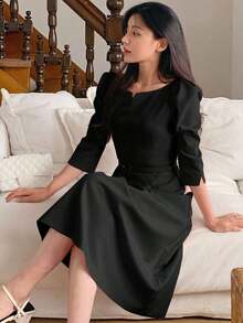 Vestido Formal de Oficina para Mujer, Cuello en V Cuadrado, Manga Abullonada, Cinturón en la Cintura, Vestido Midi Ajustado de Cintura Alta - Negro - Ver 11