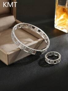 Bộ 2 nhẫn và vòng tay nữ bằng đồng khảm đá Zirconia hình hoa rỗng, phong cách Pháp thanh lịch, phụ kiện công sở mang lại may mắn, bảo vệ khỏi gió, phụ kiện thiết kế độc đáo, món quà lý tưởng cho bạn gái, ngày Valentine, sinh nhật bạn thân. - A - Xem 7
