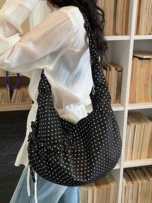 日系时尚蓝色帆布单肩包，休闲时尚褶皱女包，配有蝴蝶结和拉链，斜挎包，适合上学、大学、日常通勤、购物，柔和的新月形设计 - 彩色 - 查看 8