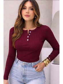 Women's Ribbed Cotton Blouse With Round Neck And Front Button, Long Sleeves, Comfortable. - 紅木色 - 查看 1
