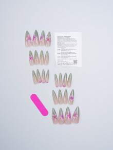 24 Móng Tay Giả Dài Kiểu Stiletto - Màu Hồng & Xanh Lá Cây Chuyển Sắc, Móng Giả Có Hoa và Giọt Nước 3D Dập Nổi, Móng Tay Giả Acrylic Bóng Cho Nữ - Màu xanh Bạc hà - Xem 4