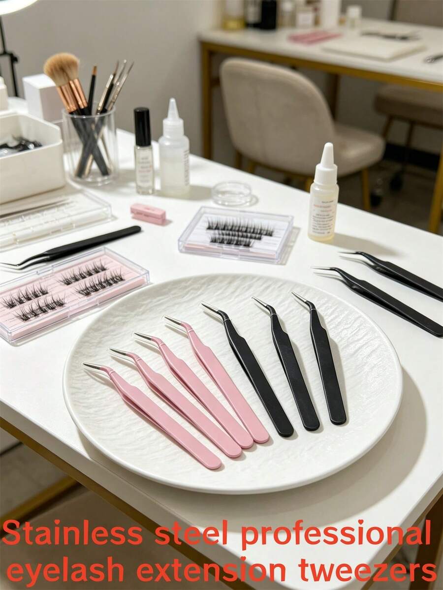 2pcs/1pc Professional Eyelash Extension Tweezers, Black And Pink Precision Angled Eyelash Extension Tools For Individual And Cluster False Lashes, DIY And Salon Eyelash Extension, Quick And Convenient Lash Assist Tool, Beginner Lash Tool, Lash Artist Eyelash Tweezers - Black - View 1