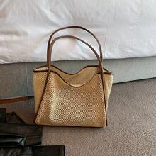 Sac en paille tissé pour femmes, grande capacité, nouveau sac à bandoulière multifonctionnel printemps/été, sac à main pour les trajets quotidiens. - Tabac - Voir 9