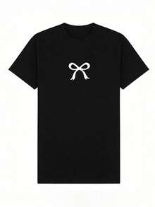 Women's Soft And Casual Short-Sleeved T-Shirt With A Round Neck, Minimalist Print With A Black Bow, Suitable For Everyday Casual Wear. Black. - 黑色 - 查看 2