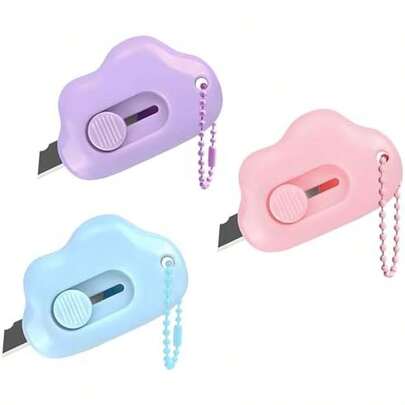 Cloud Shaped Retractable Box Cutter Set - 6 Pack With Key Rings,Stainless Steel Blade, & Portable Letter Opener For Envelopes,Package,Mail,DIY,Paper Cutter For Home,Office,Outdoor (6 Color)