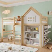 Lit mezzanine enfant avec rangements et tiroirs, marches robustes, barrière de  , pin + MDF + contreplaqué, blanc + naturel, 90 x 200 cm - Couleur naturelle - Voir 4