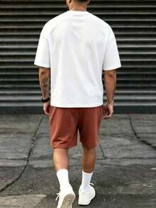Summer 100% Cotton Men's Casual Two Pieces Sets: Men's Round-Neck Short-Sleeved T-Shirt And Men's Casual Shorts Or Tracksuit Bottoms. - White Top + Caramel Pants - View 3