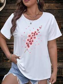 , mujer Floral Impresión Oversized cuello redondo camiseta de manga corta - Casual Loose Fit Blusa Top, máquina lavable cómodo vestido casual adecuado para las estaciones - Blanco - Ver 2