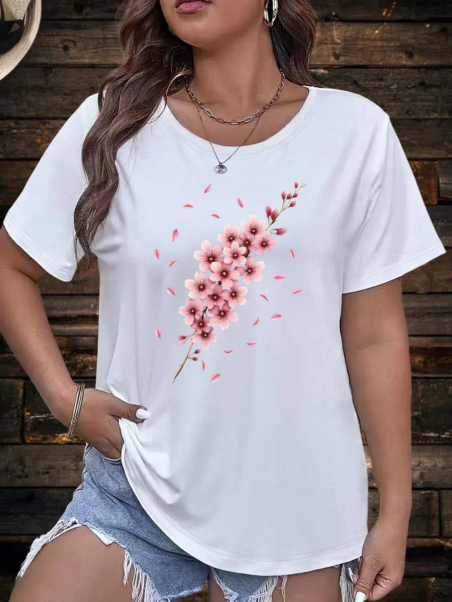 , mujer  Floral Impresión Oversized cuello redondo camiseta de manga corta - Casual Loose Fit Blusa Top, máquina lavable cómodo vestido casual adecuado para las estaciones