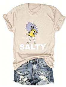 Plus Size Salty With Umbrella Graphic Tee - Vintage Style Summer Beachwear For Women, Perfect For Vacation And Everyday Wear, T-Shirt-Unisex - 杏色 - 查看 14