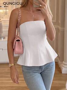 QUNGIGU Áo quây hồng không dây cho nữ, viền bèo nhún, lớp lót eo thắt, áo crop top mùa hè gợi cảm, áo kiểu voan xếp ly ôm sát, thích hợp cho hẹn hò và tiệc tùng. - trắng - Xem 2