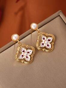 2 piezas Pendientes de gota de estilo de pintura al óleo vintage con forma de rombo, pendientes elegantes de alta moda de estilo retro francés para mujeres - Dorado - Ver 1
